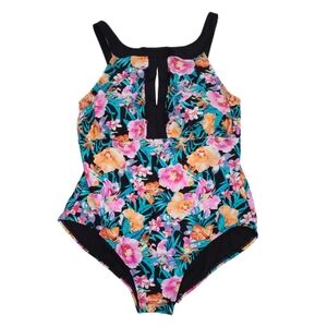 Tahiti Swim Black Tropical Floral Print One Piece High Neck Swimsuit Sz XXL